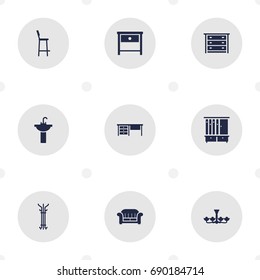 Set Of 9 Decor Icons Set.Collection Of Chair, Coat Stand, Commode Elements.