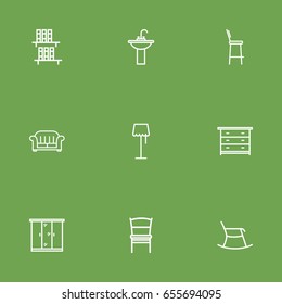 Set Of 9 Decor Outline Icons Set.Collection Of Moving Chair, Bar Stool, Armchair And Other Elements.