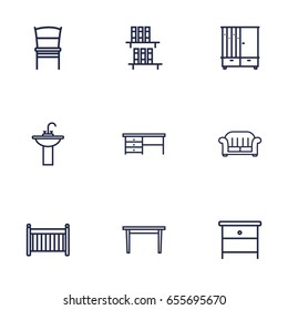 Set Of 9 Decor Outline Icons Set.Collection Of Desk, Nightstand, Washbasin Elements.