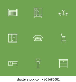 Set Of 9 Decor Outline Icons Set.Collection Of Chandelier, Nightstand, Hall Tree Elements.