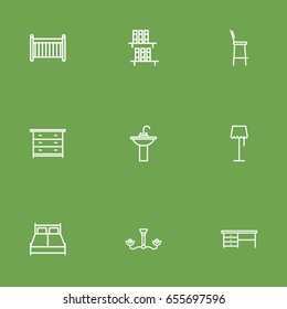 Set Of 9 Decor Outline Icons Set.Collection Of Drawer Unit, Chandelier, Bookshelf Elements.