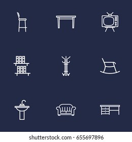 Set Of 9 Decor Outline Icons Set.Collection Of Bookshelf, Tv Set, Armchair And Other Elements.
