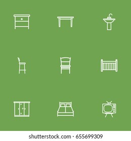 Set Of 9 Decor Outline Icons Set.Collection Of Double Bed, Washbasin, Nightstand Elements.