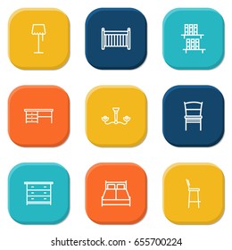 Set Of 9 Decor Outline Icons Set.Collection Of Chandelier, Double Bed, Drawer Unit Elements.