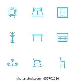 Set Of 9 Decor Outline Icons Set.Collection Of Closet, Tv Set, Drawer Unit And Other Elements.