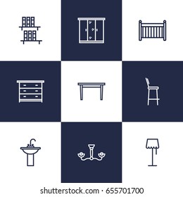 Set Of 9 Decor Outline Icons Set.Collection Of Crib, Floor Lamp, Bookshelf And Other Elements.