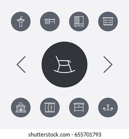 Set Of 9 Decor Outline Icons Set.Collection Of Fireplace , Chandelier, Drawer Unit Elements.