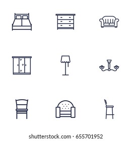 Set Of 9 Decor Outline Icons Set.Collection Of Drawer Unit, Armchair, Chair And Other Elements.