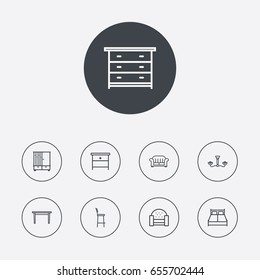 Set Of 9 Decor Outline Icons Set.Collection Of Armchair, Nightstand, Hall Tree Elements.