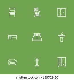 Set Of 9 Decor Outline Icons Set.Collection Of Desk, Chair, Hall Tree And Other Elements.