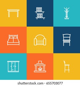 Set Of 9 Decor Outline Icons Set.Collection Of Chair, Fireplace, Hanger And Other Elements.