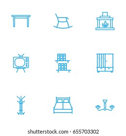 Set Of 9 Decor Outline Icons Set.Collection Of Fireplace, Tv Set, Double Bed And Other Elements.