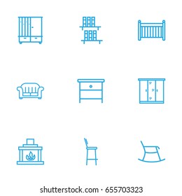 Set Of 9 Decor Outline Icons Set.Collection Of Bookshelf, Crib , Nightstand Elements.