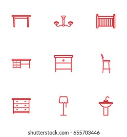 Set Of 9 Decor Outline Icons Set.Collection Of Floor Lamp, Nightstand, Crib Elements.