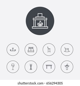 Set Of 9 Decor Outline Icons Set.Collection Of Double Bed, Washbasin, Fireplace And Other Elements.