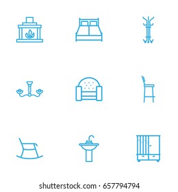 Set Of 9 Decor Outline Icons Set.Collection Of Washbasin, Moving Chair, Double Bed And Other Elements.