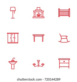 Set Of 9 Decor Outline Icons Set.Collection Of Moving Chair, Closet, Floor Lapm And Other Elements.