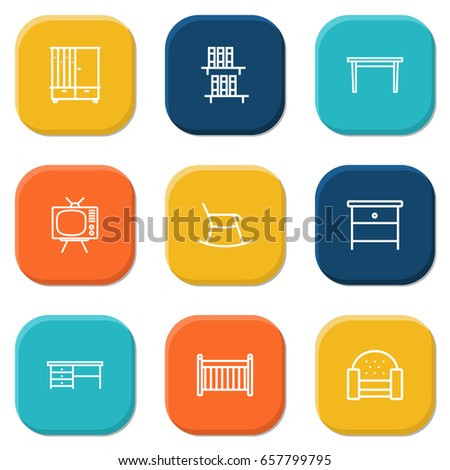 Set Of 9 Decor Outline Icons Set.Collection Of Nightstand, Hall Tree, Crib Elements.