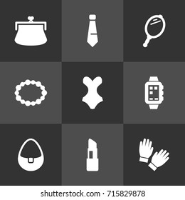 Set Of 9 Decorating Icons Set.Collection Of Purse, Necktie, Smart Watch And Other Elements.
