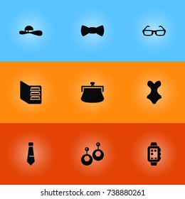 Set Of 9 Decorating Icons Set.Collection Of Beachwear, Smart Watch, Sunglasses And Other Elements.