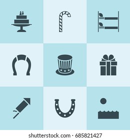 Set of 9 decoration filled icons such as horseshoe, bunk bed, cake, present, candy cane, fireworks