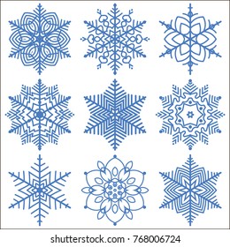 Set of 9 decorative blue snowflakes. Vector illustration. Snowflakes icon.