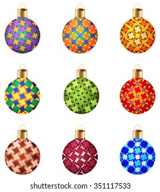 Set of 9 decorative Christmas balls with unusual abstract ornaments on white background