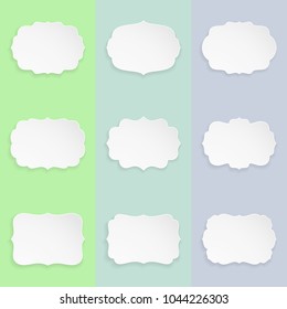 Set of 9 decorative elegant paper shape labels with shadow. Modern frames with shadow. Vector Illustration. 