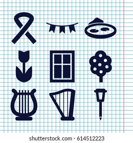 Set of 9 decorative filled icons such as tree, window, street lamp, pond, harp, party flag, ribbon