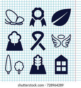 Set of 9 decorative filled and outline icons such as window, leaf, ribbon, tree, butterfly