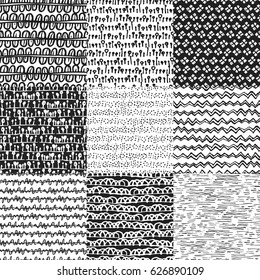 Set of 9 decorative hand drawn seamless pattern. Endless ornaments with black and white ink doodles. Hand painted stylish background for fabric, wrapping, packaging paper, wallpaper