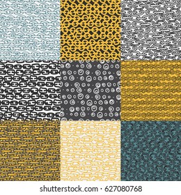 Set of 9 decorative hand drawn seamless pattern. Endless ornament with colorful doodles. Hand painted stylish background for fabric, wrapping, packaging paper, wallpaper