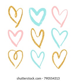 Set of 9 decorative hearts. Hand drawn colorful messy shapes isolated on white background. Stylish vector design elements for valentines day, wedding or logo creation.