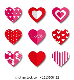 Set of 9 decorative hearts with shadow
