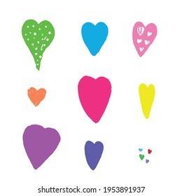 set of 9 decorative hearts with uzomi. Drawn by hand. Stock vector illustration. Isolated over white background, can be used in your projects in banners and posters