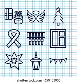 Set of 9 decorative outline icons such as wings, window, street lamp, party flag, fireworks, ribbon, christmas tree, gift
