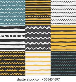 Set of 9 Decorative seamless patterns with handdrawn shapes. Hand painted grungy colorful ink doodles on bright background. Trendy endless texture for digital paper, fabric, backdrops, wrapping