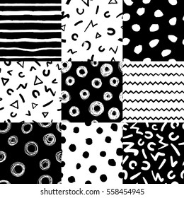 Set of 9 decorative seamless patterns with handdrawn shapes. Hand painted grungy ink doodles in black and white colors. Trendy endless texture for digital paper, fabric, backdrops, wrapping