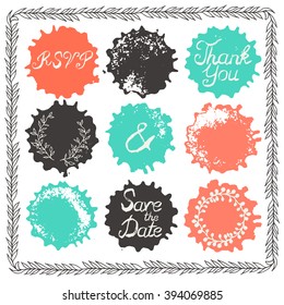 Set of 9 decorative wedding and romantic elements. Watercolor hand drawn circles with grungy lettering and floral decorations. Trendy black, orange and blue shapes with rough edges isolated on white.