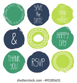 Set of 9 decorative wedding and romantic elements. Watercolour hand drawn circles with lettering and navy decorations. Trendy yellow, green and blue shapes with rough edges isolated on white