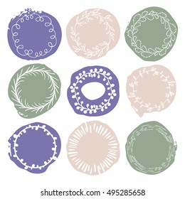 Set of 9 decorative wedding or romantic elements. Watercolour hand drawn circles with floral wreaths. Stylish templates. Trendy pastel beige, green and blue shapes with rough edges isolated on white