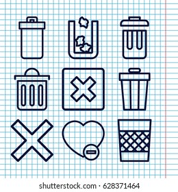 Set of 9 delete outline icons such as trash bin, minus favorite, delete trash bin, bin