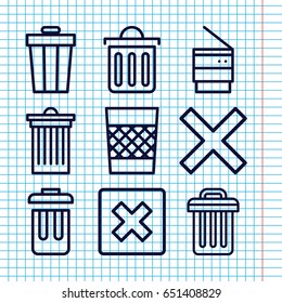 Set of 9 delete outline icons such as trash bin, delete trash bin, bin