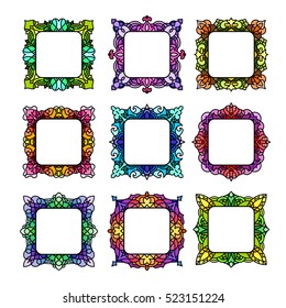 Set of 9 delicate square frames with place for your text or picture for your design. Colorful rectangle borders in stained-glass style