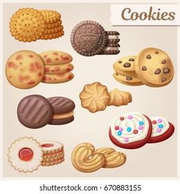 Set of 9 delicious cookies. Cartoon vector illustration. Food sweet icons.