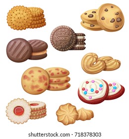 Set of 9 delicious cookies. Cartoon vector illustration. Food sweet icons isolated on white background