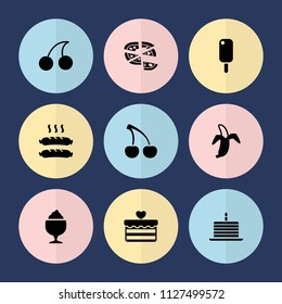 Set of 9 delicious filled icons such as cherry, ice cream, pizza, milkshake, banana, sausage, cake with one candle