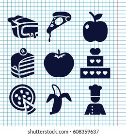 Set of 9 delicious filled icons such as apple, pizza, piece of cake, pie, banana, chef