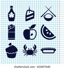 Set of 9 delicious filled icons such as crab, maple syrup, burrito, apple, muffin, piece of cake, pie, asian food