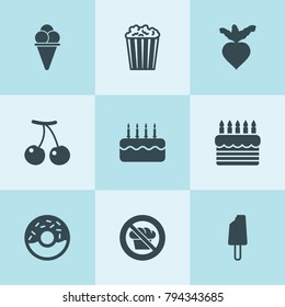 Set of 9 delicious filled icons such as cherry, beet, cake, popcorn, ice cream, donut, diet